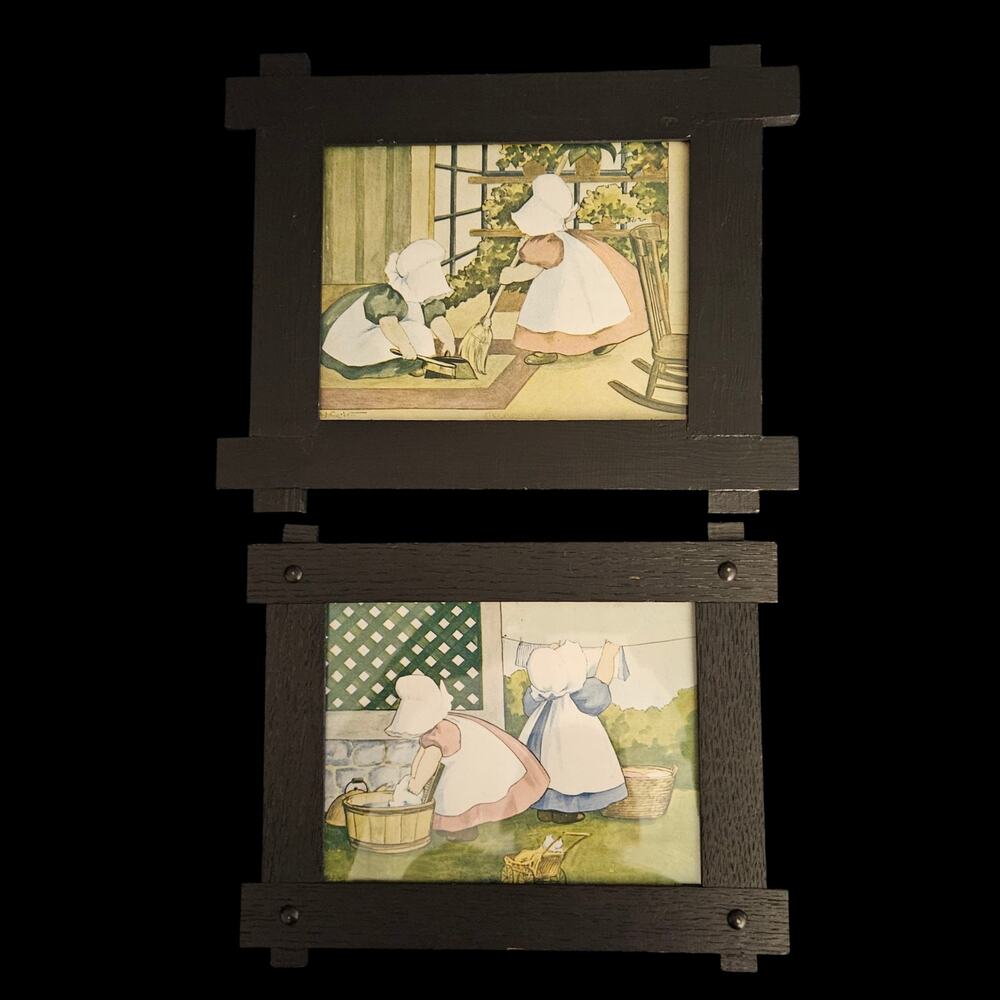 B.L. Corbett Sunbonnets Series Framed Prints Pair Vintage Cottage Wall Art